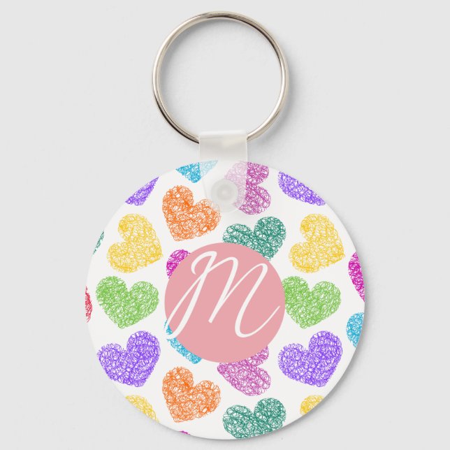 Modern Vibrant Rainbow Doodle Hearts Monogrammed Nyckelring (Framsida)