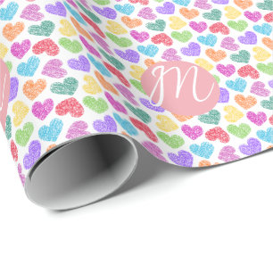 Modern Vibrant Rainbow Doodle Hearts Monogrammed Presentpapper