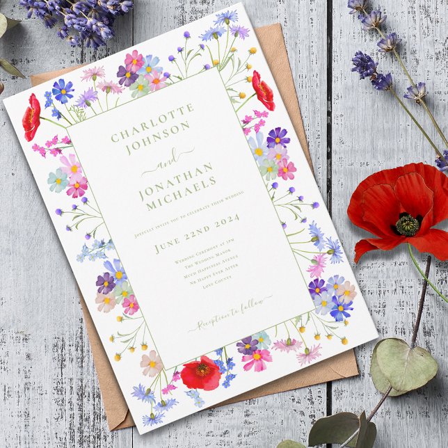 Modern Vibrant Vildblomma Akvarell Bröllop Inbjudningar (Modern Colorful wildflower sage green typography wedding invitation boho chic watercolor floral)