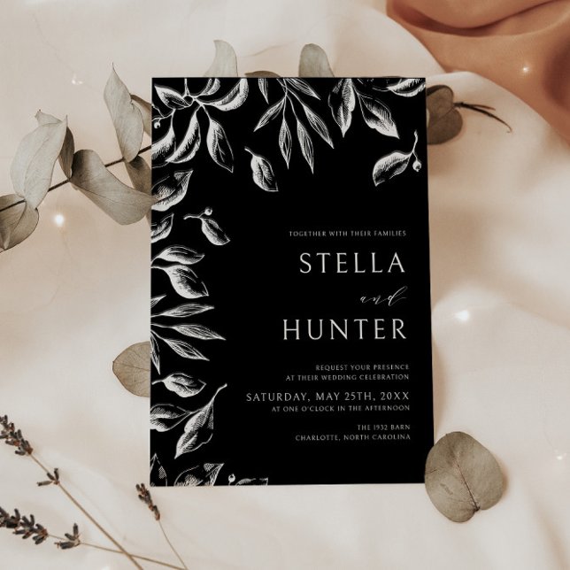 Modern Victorian Black & White Greenery Bröllop Inbjudningar (Skapare uppladdad)