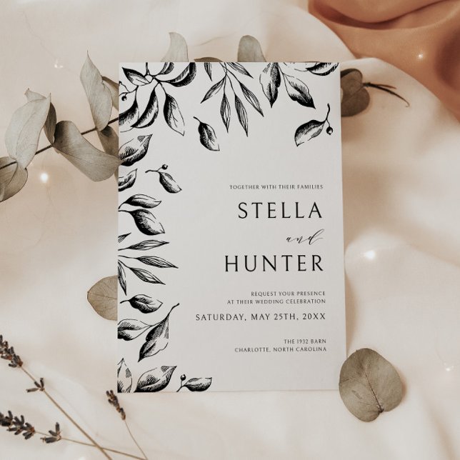 Modern Victorian Black & White Greenery Bröllop Inbjudningar (Skapare uppladdad)