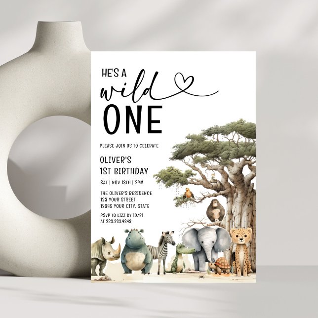 Modern Vild en Safari Jungle Boy 1:a födelsedagen Inbjudningar (Skapare uppladdad)