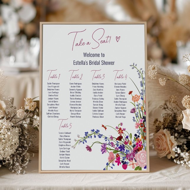 Modern vild - möhippa för blomsterskript poster (Modern wild flowers script bridal shower seating poster)