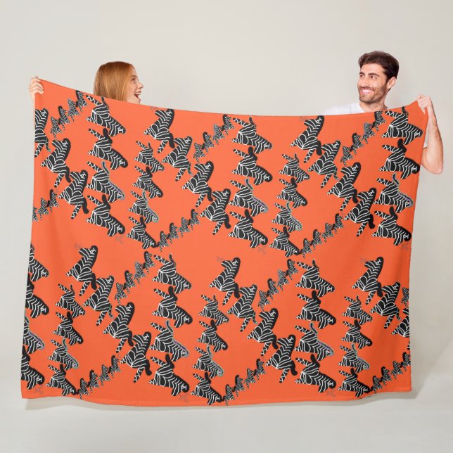 Modern vild orange zebra fleecefilt (På plats)