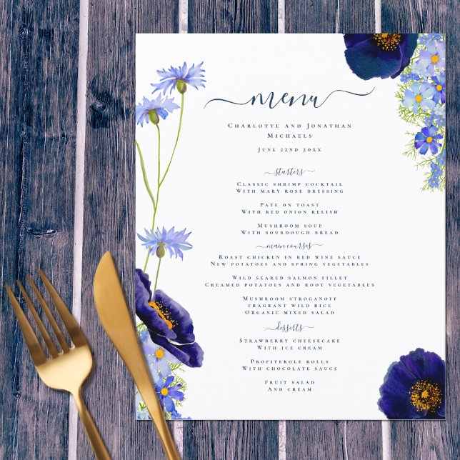 Modern Vilda Blommor Blå Boho Bröllopsmeny (Unique Wildflower blue boho personalized wedding menu for day of the wedding or rehearsal dinner)