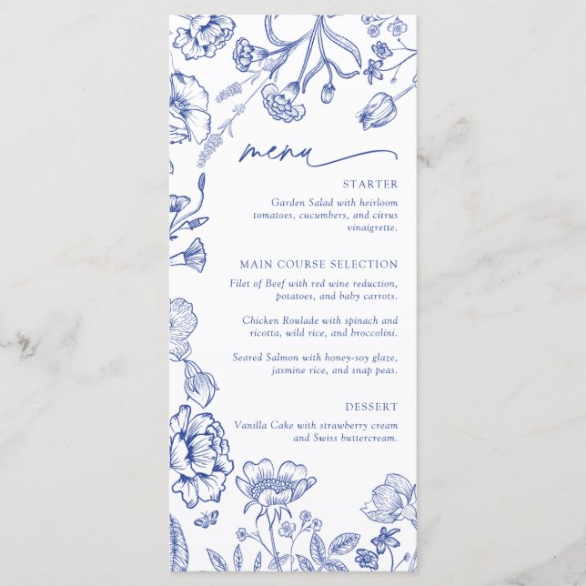 Modern vildblomma blå blombröllopsbrunch meny (Framsida)