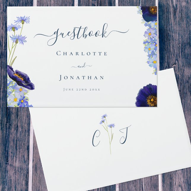 Modern Vildblomma Blå Gästböcker (original wildflower watercolor art by artist Catherine Sweetman with elegant typography script)