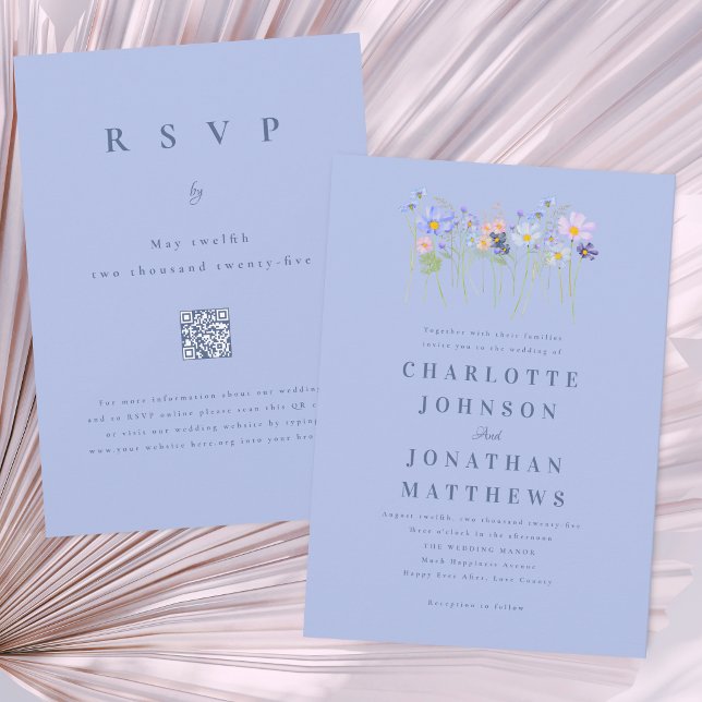 Modern Vildblomma Blå Rosa Blommig Bröllops QR-kod Inbjudningar (Modern wildflower boho blue & pink watercolor floral wedding QR code invitation cornflower navy )