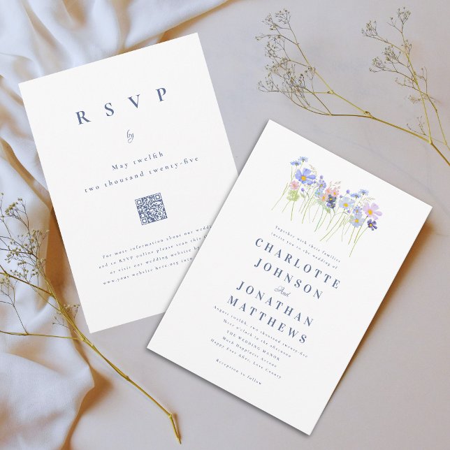 Modern Vildblomma Blå Rosa Blommig Bröllops QR-kod Inbjudningar (Boho chic wildflower meadow blue and pink watercolor floral wedding qr code invitation)