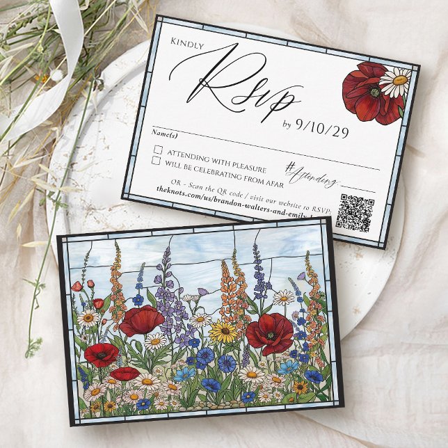 Modern vildblomma glasmålning blommande bröllop OSA kort (Modern wildflower daisy sunflower red poppy stained glass QR code wedding invitation Rsvp Card)