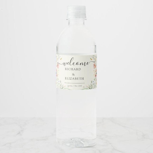 Modern Vildblomma Minimalistisk Elegant Bröllop Vattenflaskor Etikett (Framsida)