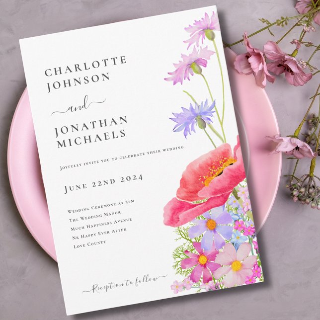 Modern Vildblomma Pastell Watercolor Bröllop Inbjudningar (Modern wildflower pastel watercolor pink purple wedding invitation )