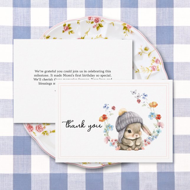 Modern vildblomma söt kanin första födelsedagen  tack kort (Modern Wildflower Cute Bunny First Birthday Thank You Card 3)