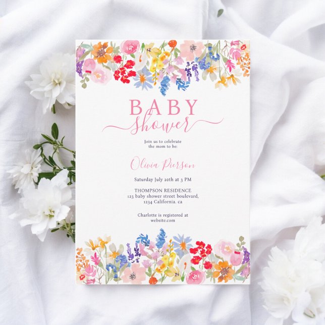 Modern vildblommor manusdusch inbjudningar (Modern garden wildflowers script baby shower invitation)