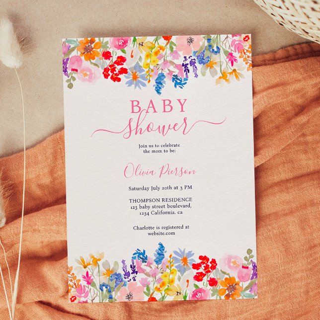 Modern vildblommor manusdusch inbjudningar (Modern garden wildflowers script baby shower invitation)