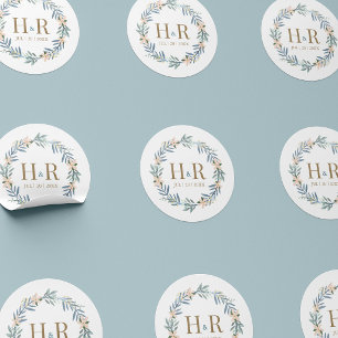 Modern vildbloms krans vigsel monogram dekal runt klistermärke