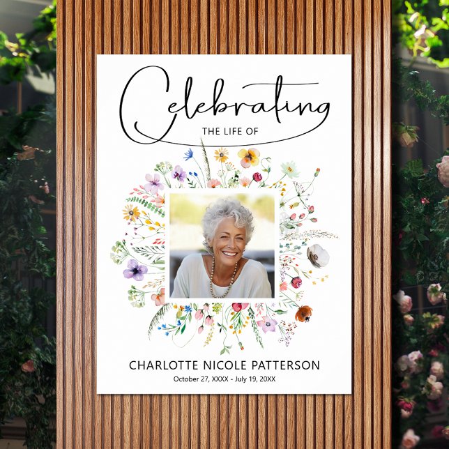 Modern vildblomsfirande av livets begravning poster (Celebration of Life photo memorial funeral poster - INSTANT DOWNLOAD or PRINTED (framed, too))