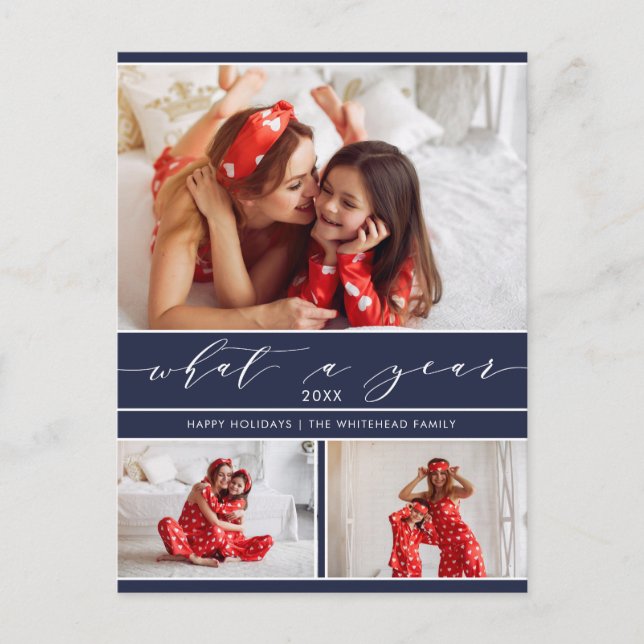 Modern, vilket år, blått 3-fotomaket helg vykort (Framsida)