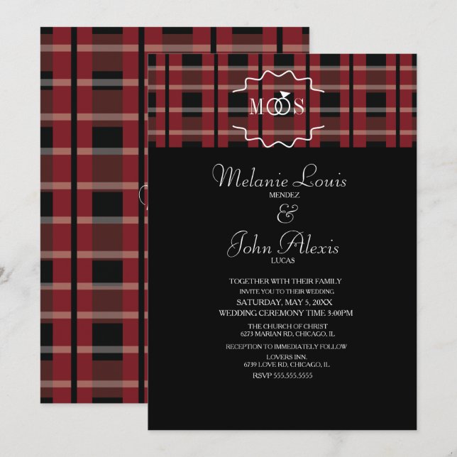 Modern Vin Flanell Tartan Play Ring Logotyp Bröllo Inbjudningar (Fram/baksida)