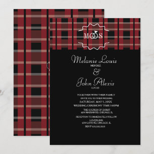 Modern vinflanell tartan rutig ringlogotyp bröllop inbjudningar