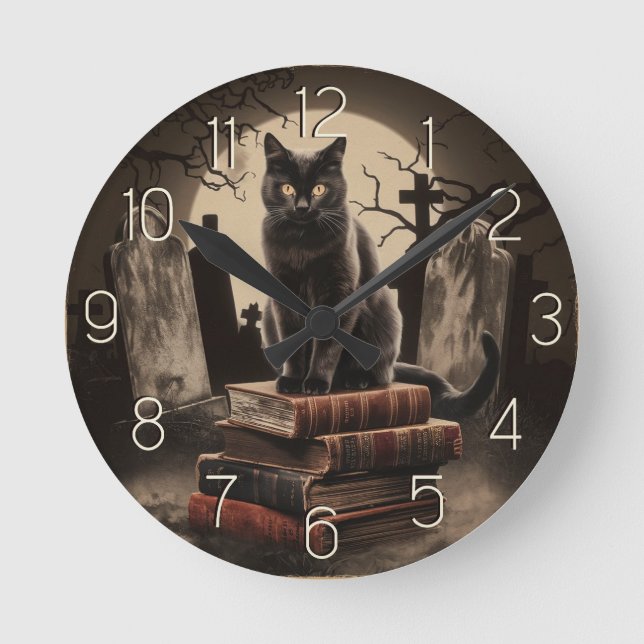 Modern Vintage Black Cat Halloween Rund Klocka (Framsida)