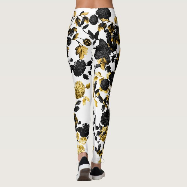 Modern Vintage Black White Guld Blommigt Toile Leggings (Baksida)