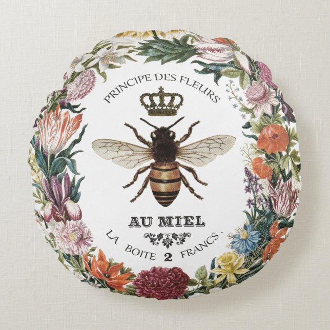 MODERN VINTAGE BOTANICAL QUEEN BEE RUND KUDDE (Framsidan)