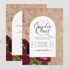 Modern Vintage Botanisk Röda Roser Bröllopsinbjuda Inbjudningar