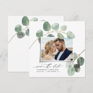 Modern vintage för elegant av skript, foto eucalyp inbjudningar