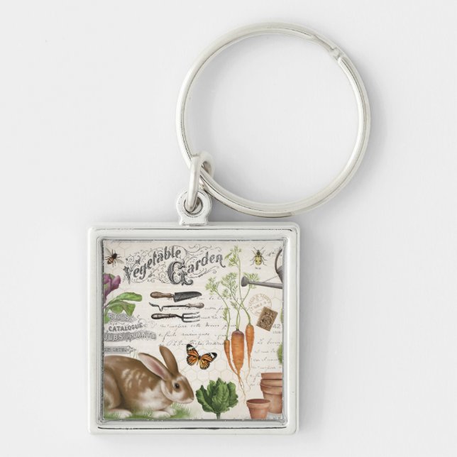 Modern Vintage Fransk Garden Rabbit Fyrkantig Silverfärgad Nyckelring (Framsidan)