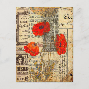 Modern Vintage Fransk Poppy Flowers collage Vykort