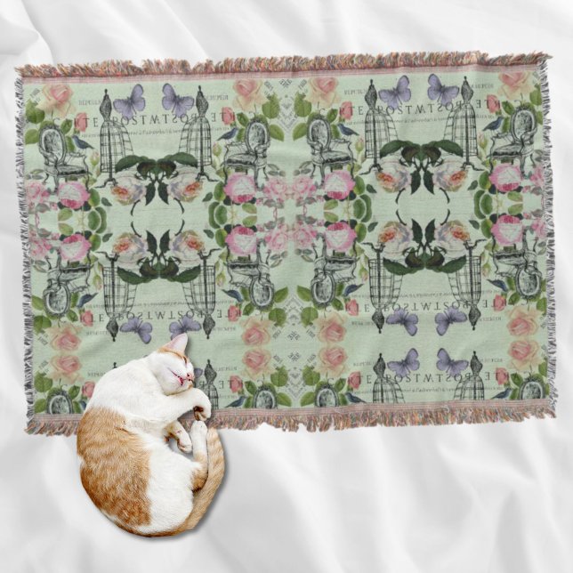 Modern vintage fransk ro-fjärilsparris filt (mint modern vintage french rose butterfly paris throw blanket)