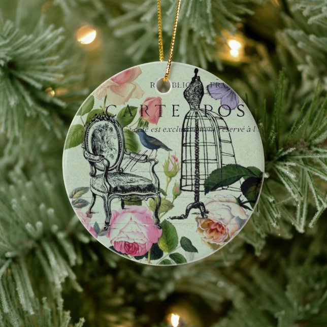 Modern vintage fransk ro-fjärilsparris julgransprydnad keramik (Träd)