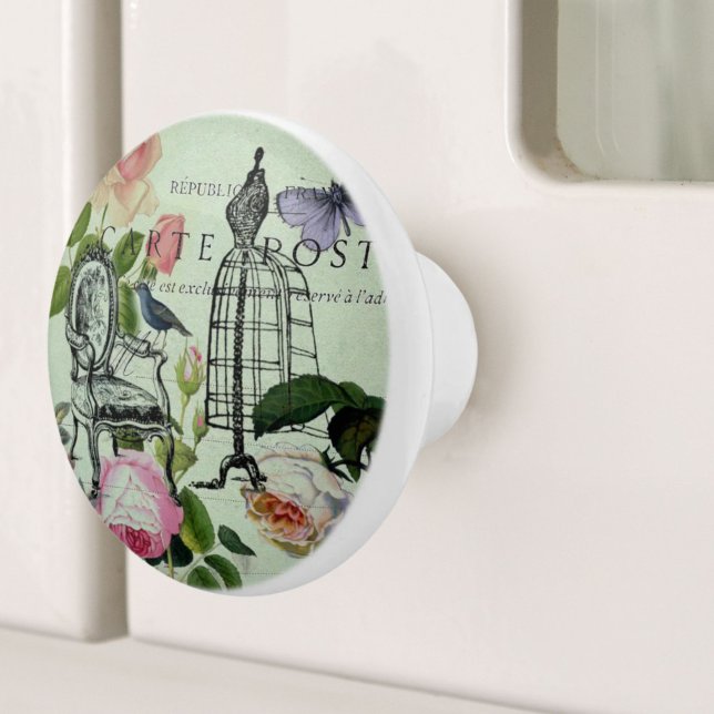 Modern vintage fransk ro-fjärilsparris knopp (mint modern vintage french rose butterfly paris ceramic knob)