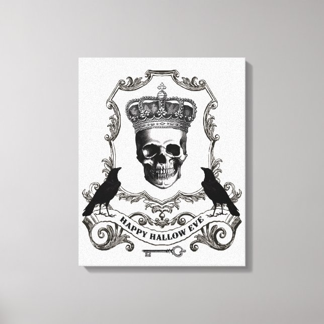 Modern vintage Halloween-skalle med krona Canvastryck (Framsida)