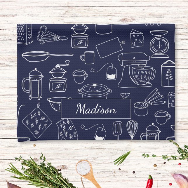 Modern Vintage Kitchen Utensils Cute Doodle Kökshandduk (In situ)