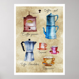 Modern Vintage Koffe Pots Grinder Watercolor Art Poster