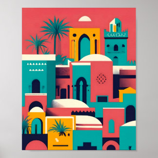 Modern Vintage Marrakech Marocko Flat Vector Art Poster