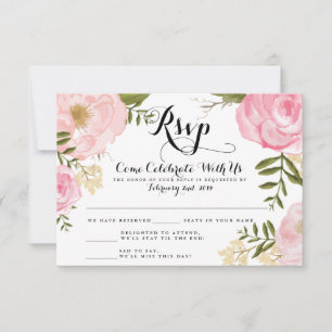 Modern Vintage Rosa Blommig Bröllop Svarskort OSA Kort