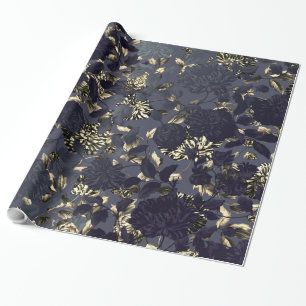 Modern vintageblommigt Toile för svart guld- vit Presentpapper