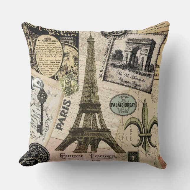 Modern vintagefransk reser collage kudde (Framsida)