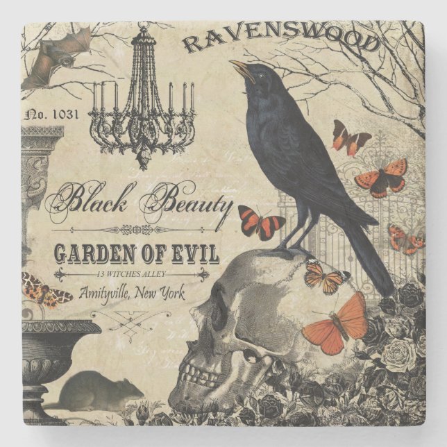 modern vintagehalloween kråka och skalle stenunderlägg (Framsidan)
