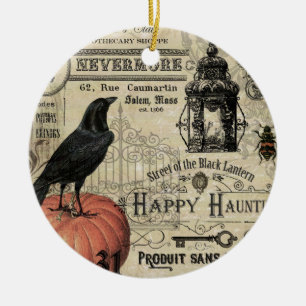 modern vintagehalloween pumpa och kråka julgransprydnad keramik