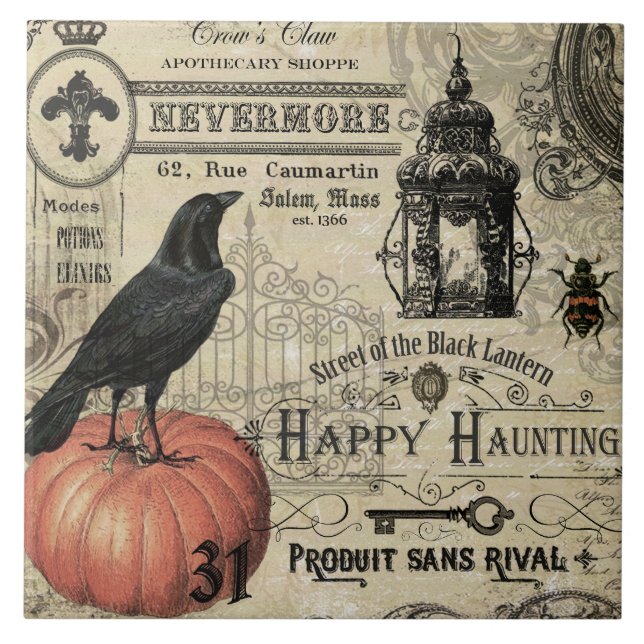 Modern vintageHalloween pumpa och kråka Kakelplatta (Framsidan)