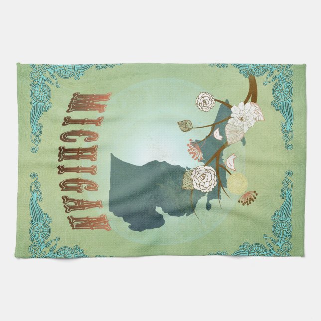Modern vintageMichigankarta - vis mangrönt Kökshandduk (Horisontell)