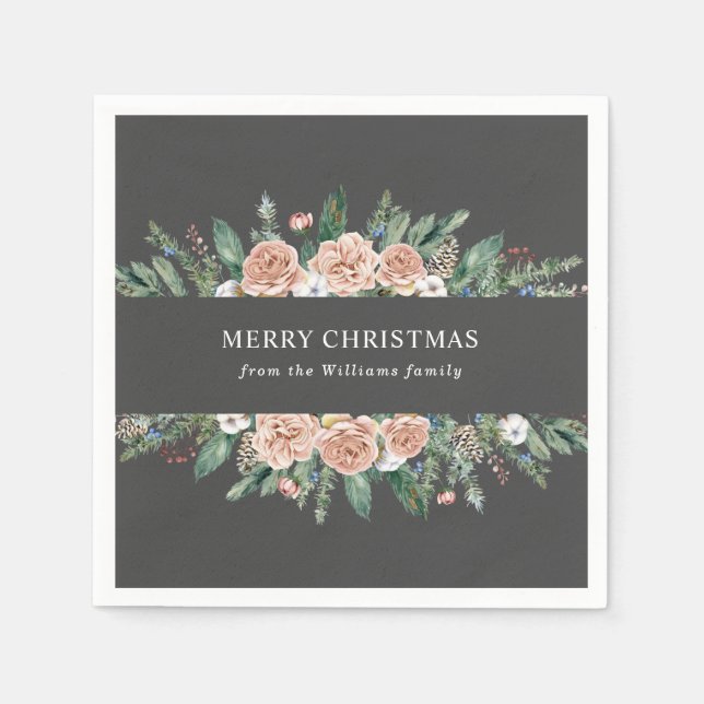 Modern Vinter Blommig God Jul Pappersservett (Framsidan)