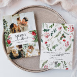 Modern Vinter Botanisk 3 Foto God Jul Julkort<br><div class="desc">Denna samling innehåller akvarell röda blommor,  bär och vintergrönska med modern och elegant typografi,  med ett vinterbotaniskt mönster i bakgrunden.</div>