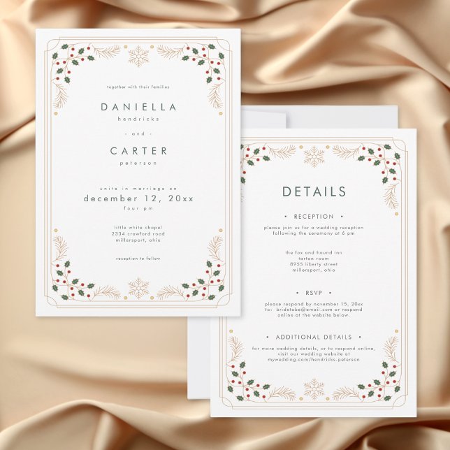 Modern Vinter Grönska Bröllop Två Sidor Inbjudningar (Modern Winter Greenery Wedding Two Sided Invitation)