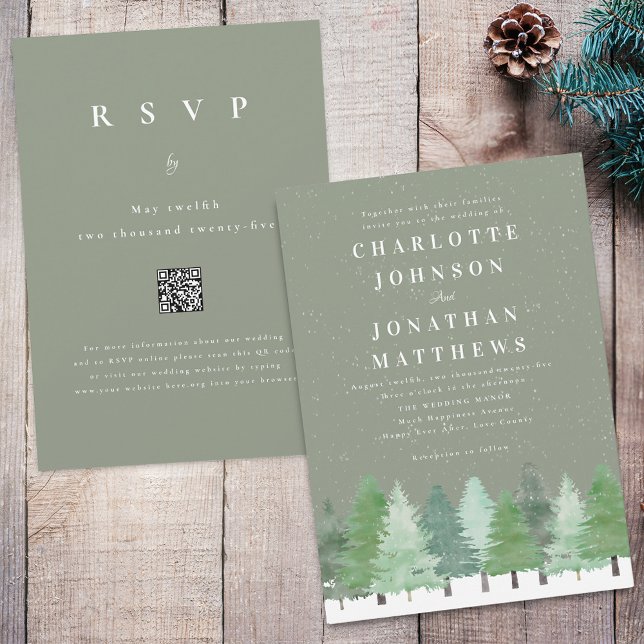 Modern Vinter Skog QR-kod Sage Grön Bröllop Inbjudningar (Modern watercolor snowy Woodland forest sage green winter wedding qr code invitation)
