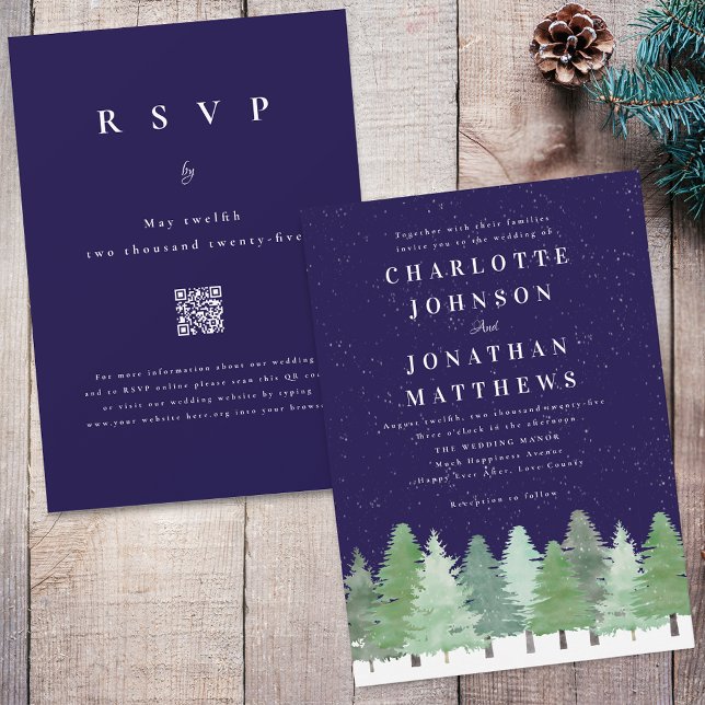 Modern Vinter Skogslandskap Marinblå QR-kod Bröllo Inbjudningar (Modern watercolor Woodland snow forest navy blue and white winter wedding qr code invitation)